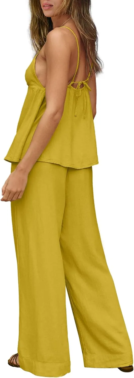 Nirovien Womens 2 Piece Linen Sets Summer Vacation Outfits Spaghetti Strap Tank Top and Pants Matching Sets