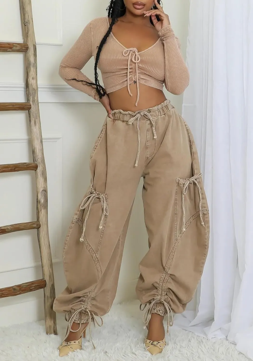 NRTHYE Women Baggy Cargo Jeans Joggers Drawstring High Waist Loose Harem Wide Leg Denim Pants Sweatpants with Pockets