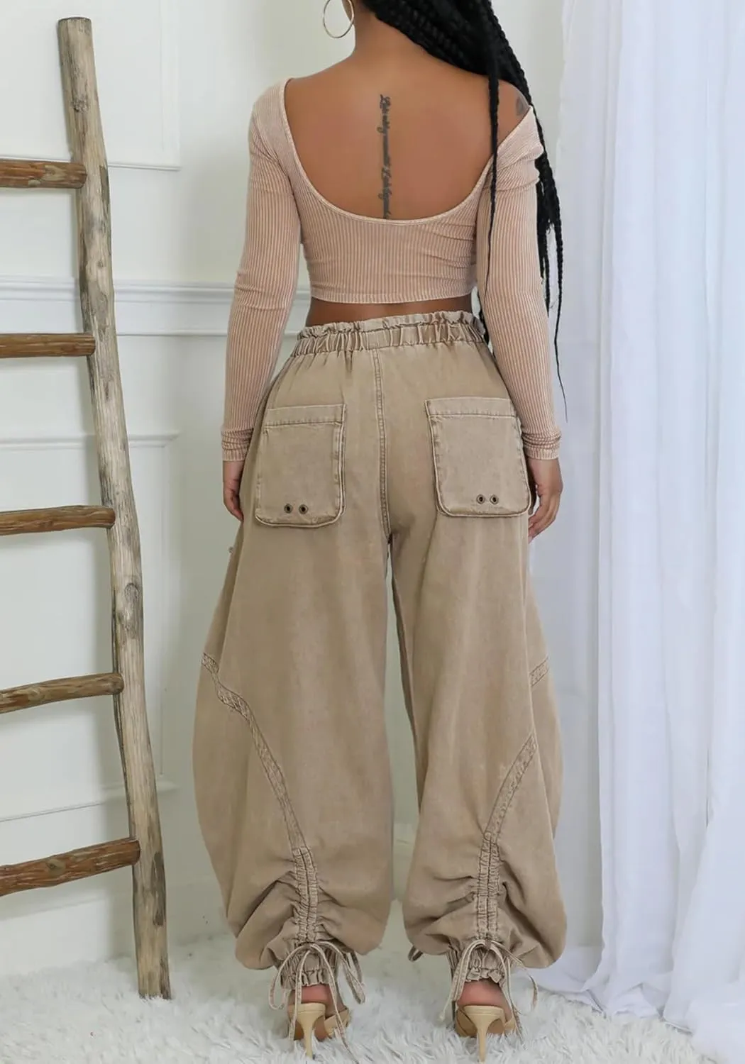 NRTHYE Women Baggy Cargo Jeans Joggers Drawstring High Waist Loose Harem Wide Leg Denim Pants Sweatpants with Pockets