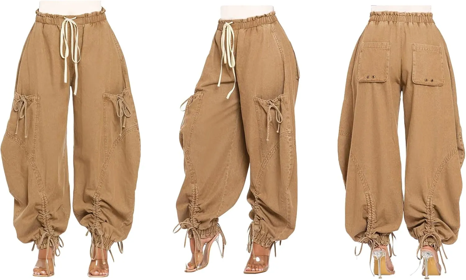 NRTHYE Women Baggy Cargo Jeans Joggers Drawstring High Waist Loose Harem Wide Leg Denim Pants Sweatpants with Pockets