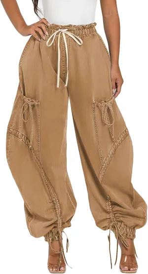 NRTHYE Women Baggy Cargo Jeans Joggers Drawstring High Waist Loose Harem Wide Leg Denim Pants Sweatpants with Pockets