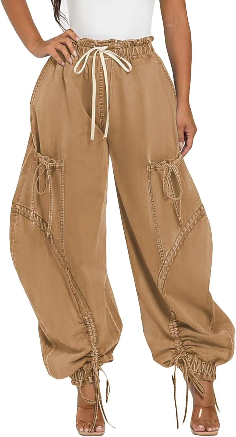 NRTHYE Women Baggy Cargo Jeans Joggers Drawstring High Waist Loose Harem Wide Leg Denim Pants Sweatpants with Pockets