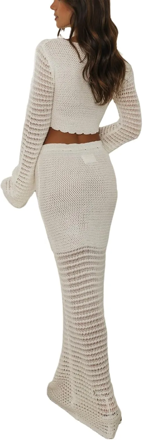 NUFIWI Women Crochet Knit 2 Piece Summer Outfits Set Hollow Out Long Sleeve Shirt Tops Bodycon Maxi Skirt Set