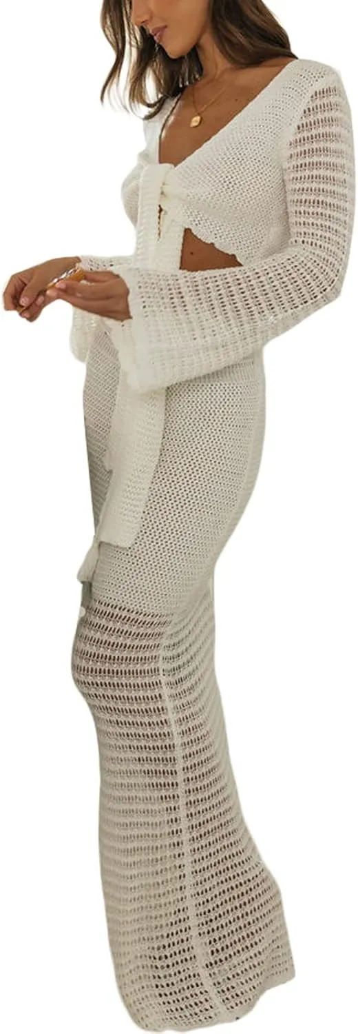 NUFIWI Women Crochet Knit 2 Piece Summer Outfits Set Hollow Out Long Sleeve Shirt Tops Bodycon Maxi Skirt Set
