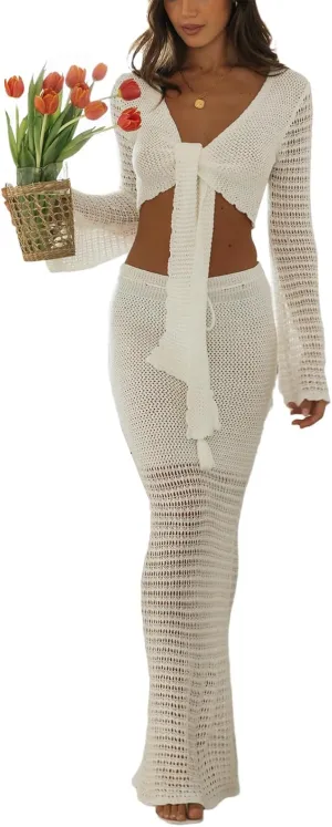 NUFIWI Women Crochet Knit 2 Piece Summer Outfits Set Hollow Out Long Sleeve Shirt Tops Bodycon Maxi Skirt Set