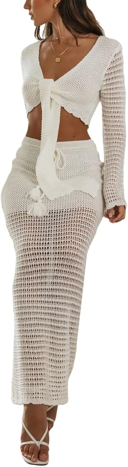 NUFIWI Women Crochet Knit 2 Piece Summer Outfits Set Hollow Out Long Sleeve Shirt Tops Bodycon Maxi Skirt Set