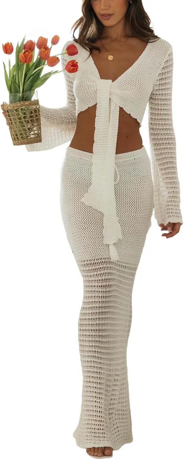 NUFIWI Women Crochet Knit 2 Piece Summer Outfits Set Hollow Out Long Sleeve Shirt Tops Bodycon Maxi Skirt Set