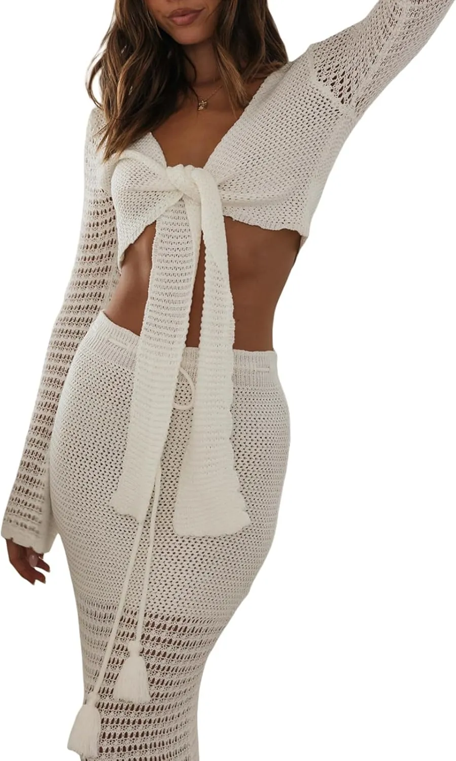 NUFIWI Women Crochet Knit 2 Piece Summer Outfits Set Hollow Out Long Sleeve Shirt Tops Bodycon Maxi Skirt Set