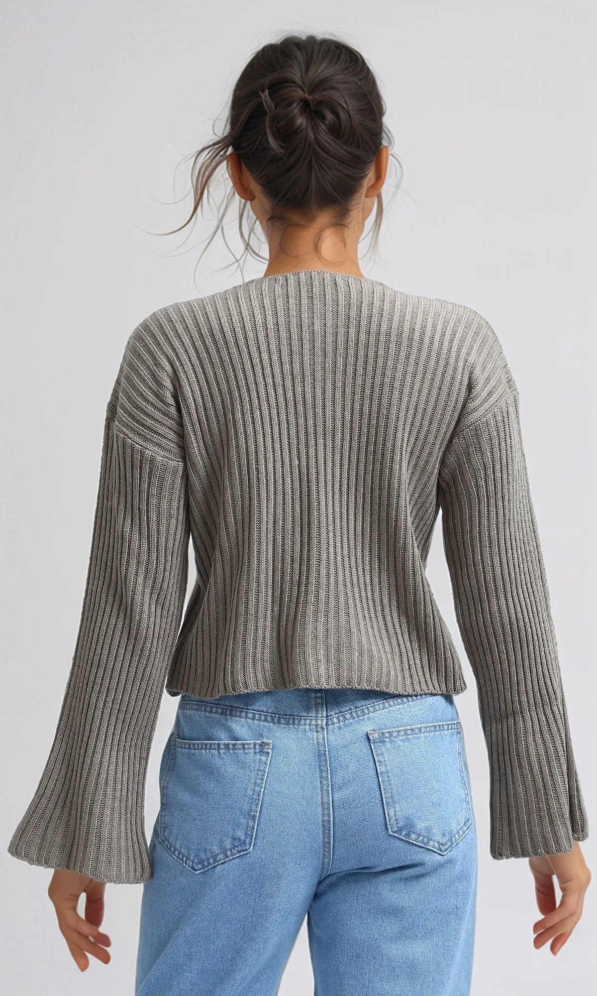 O198695 - Relaxed Fit Wide V-Neck Ribbed Pullover - Coffee