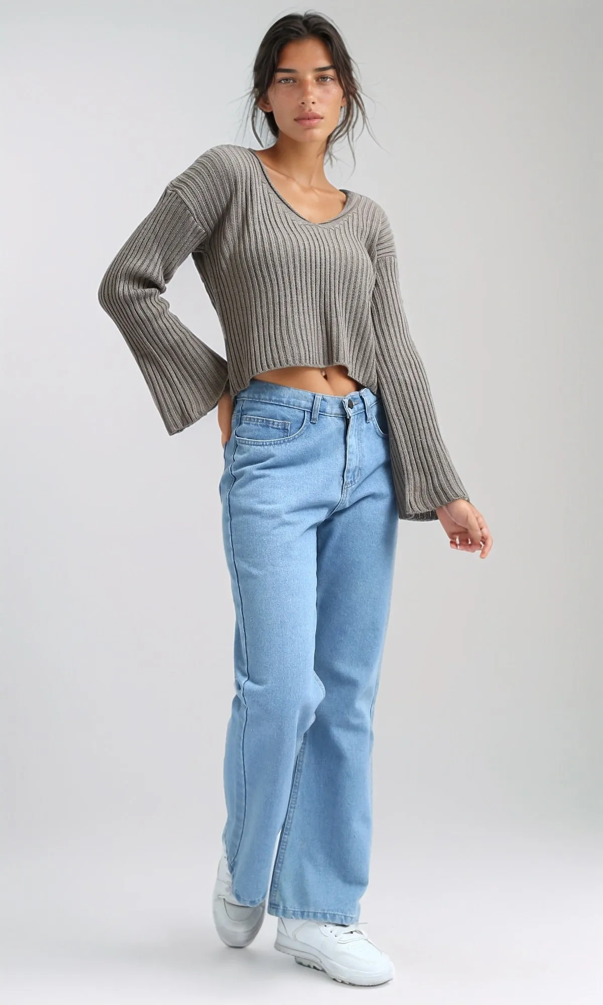 O198695 - Relaxed Fit Wide V-Neck Ribbed Pullover - Coffee