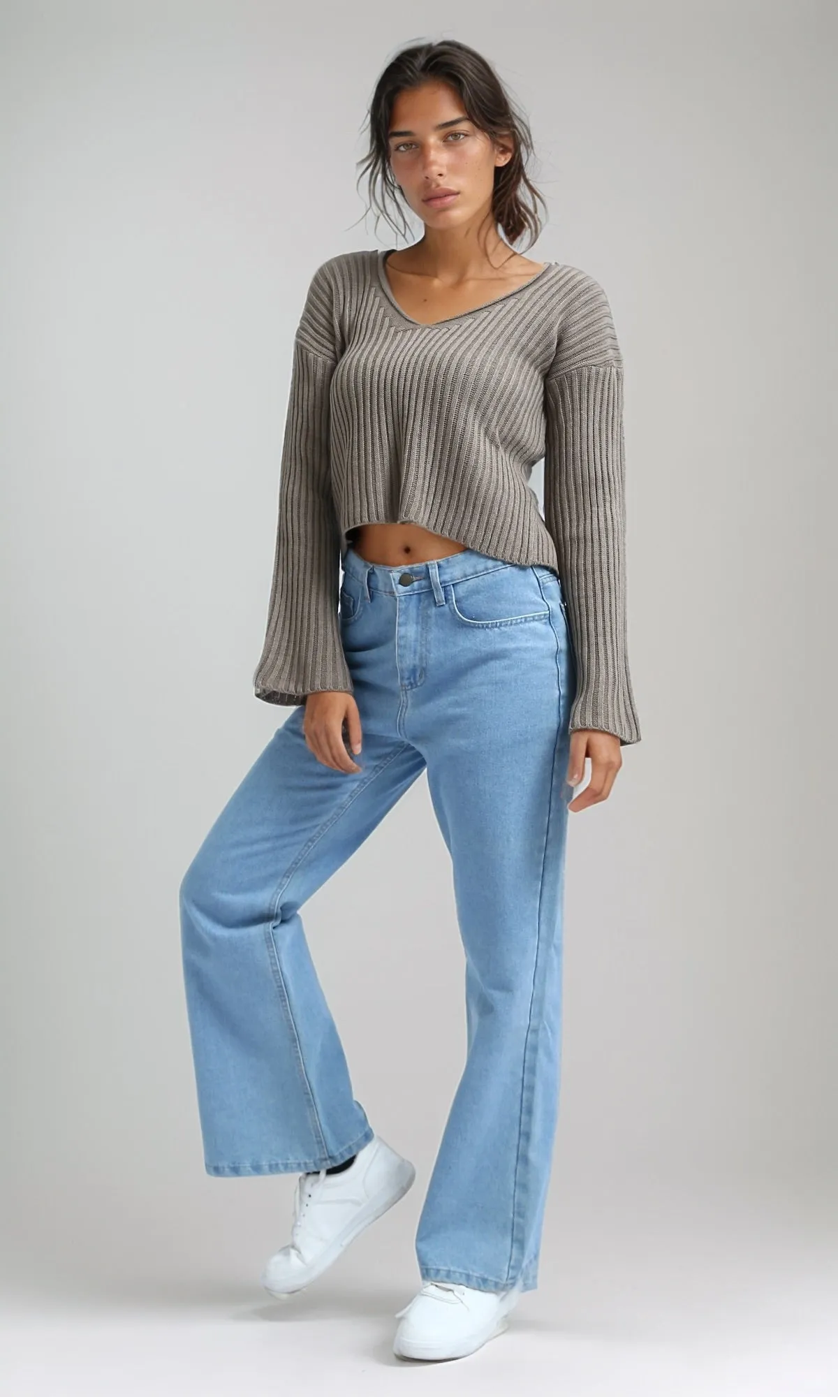 O198695 - Relaxed Fit Wide V-Neck Ribbed Pullover - Coffee
