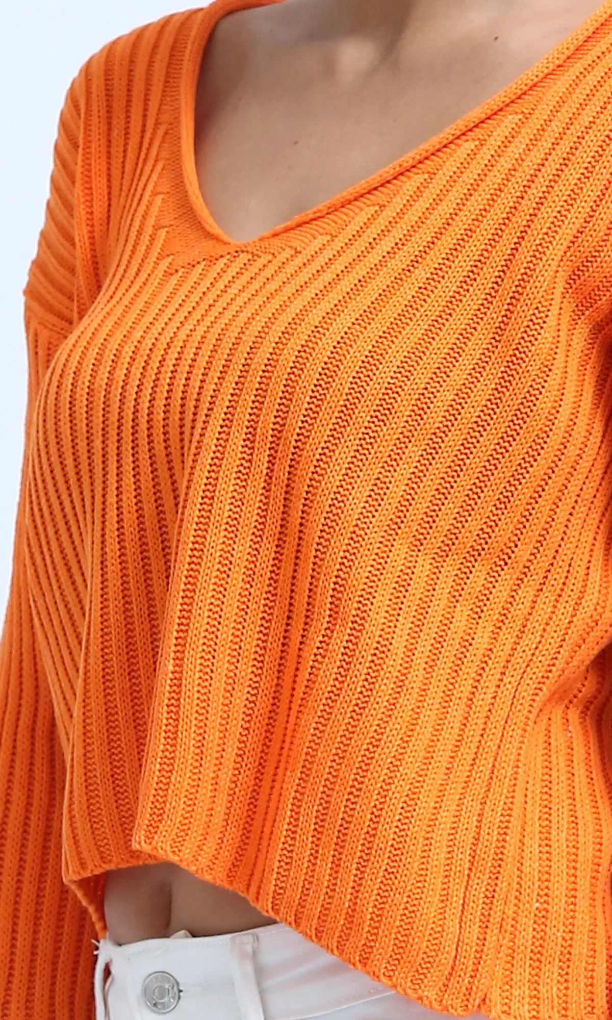 O198697 - Bell Sleeve Orange Cropped Pullover - Orange