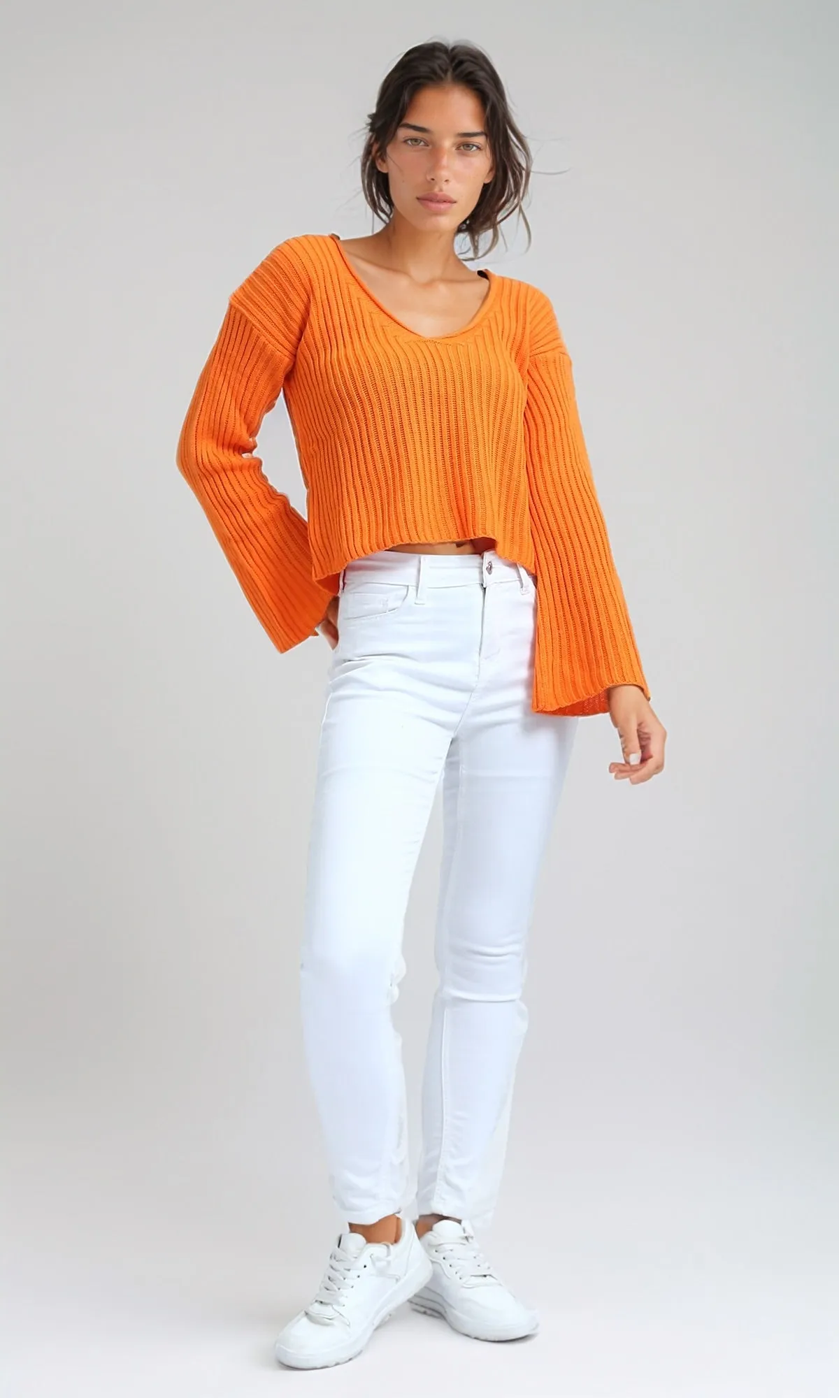 O198697 - Bell Sleeve Orange Cropped Pullover - Orange