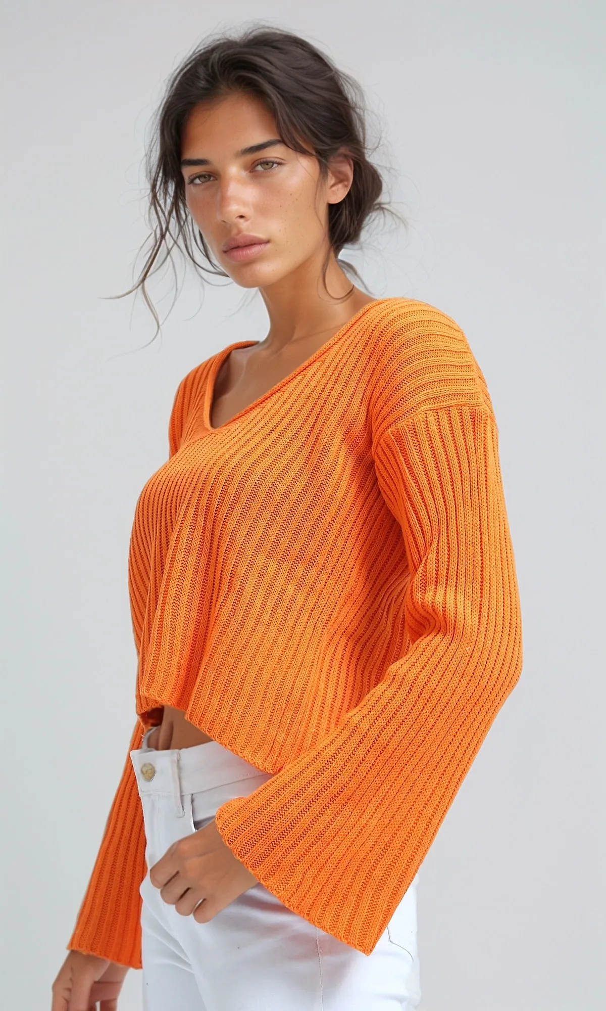 O198697 - Bell Sleeve Orange Cropped Pullover - Orange