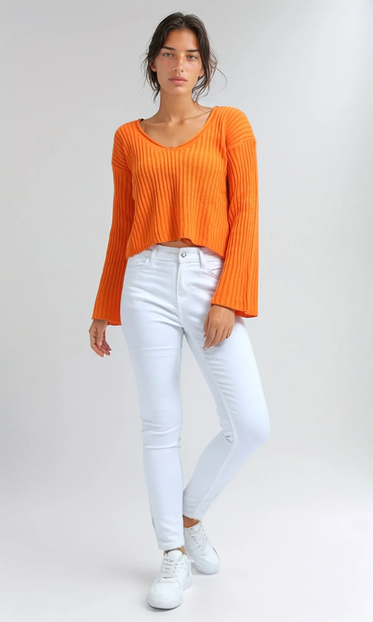 O198697 - Bell Sleeve Orange Cropped Pullover - Orange