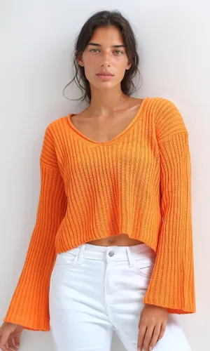 O198697 - Bell Sleeve Orange Cropped Pullover - Orange