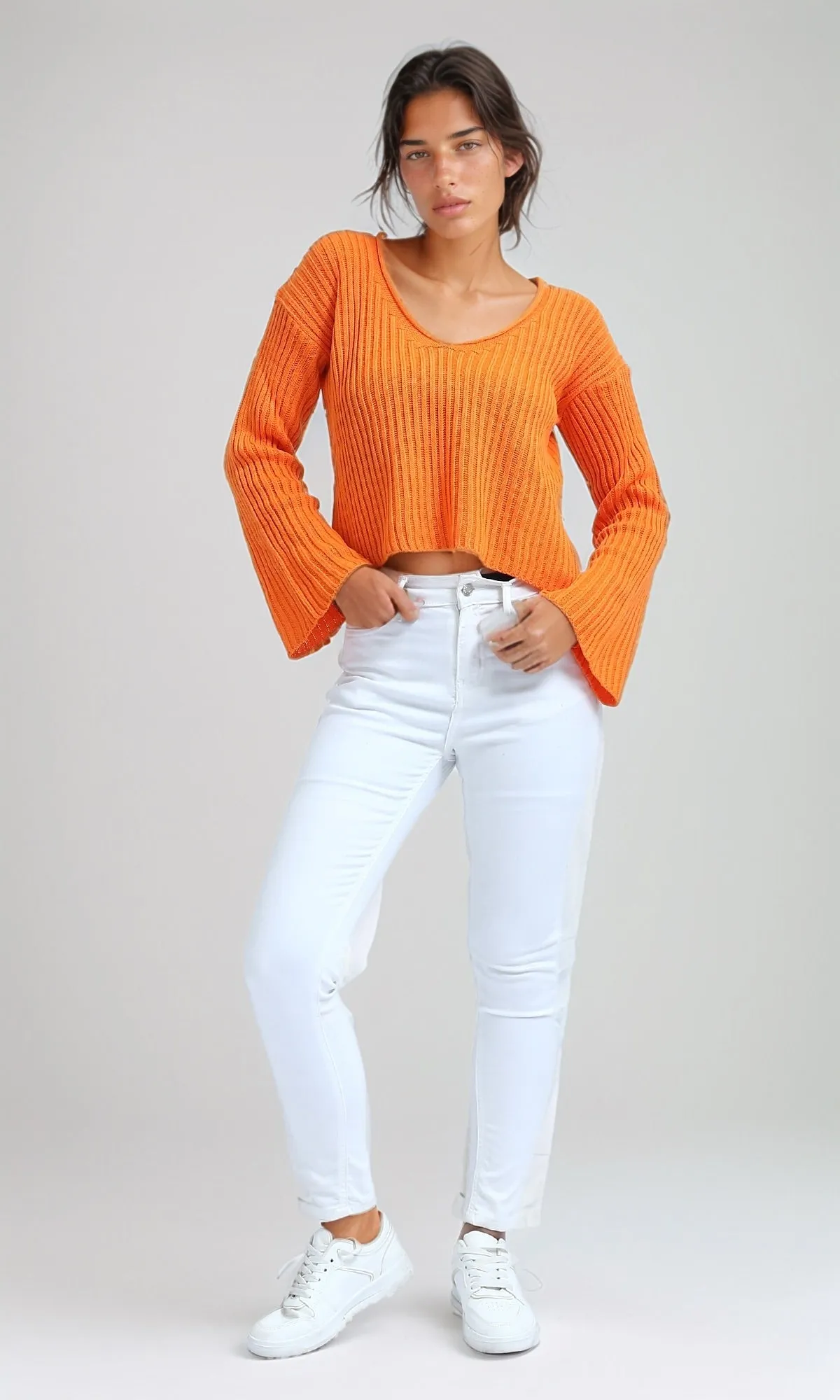 O198697 - Bell Sleeve Orange Cropped Pullover - Orange