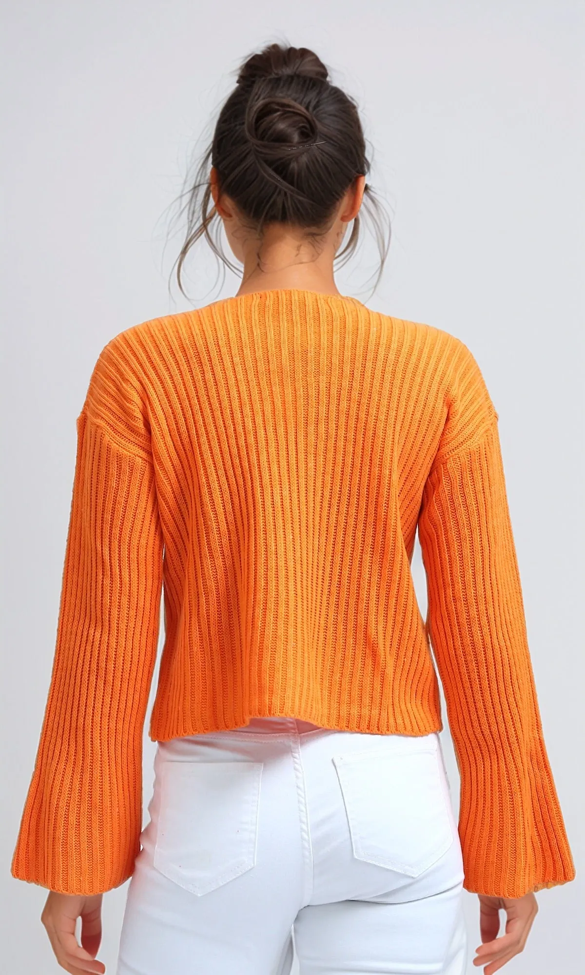 O198697 - Bell Sleeve Orange Cropped Pullover - Orange