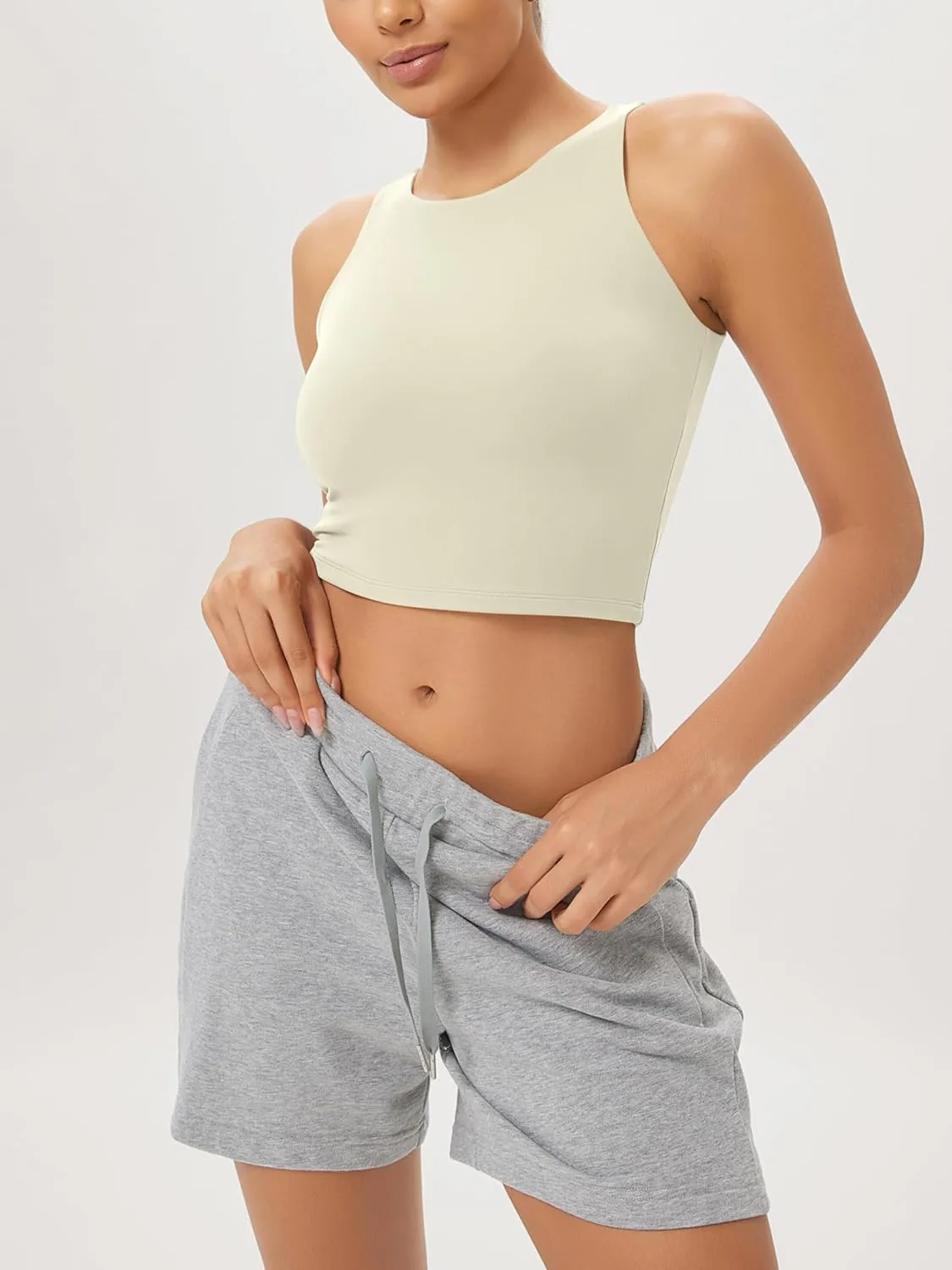 ODODOS Double Layer High Neck Crop Tank for Women Cloud Feeling Sleeveless Casual Yoga Cropped Tops