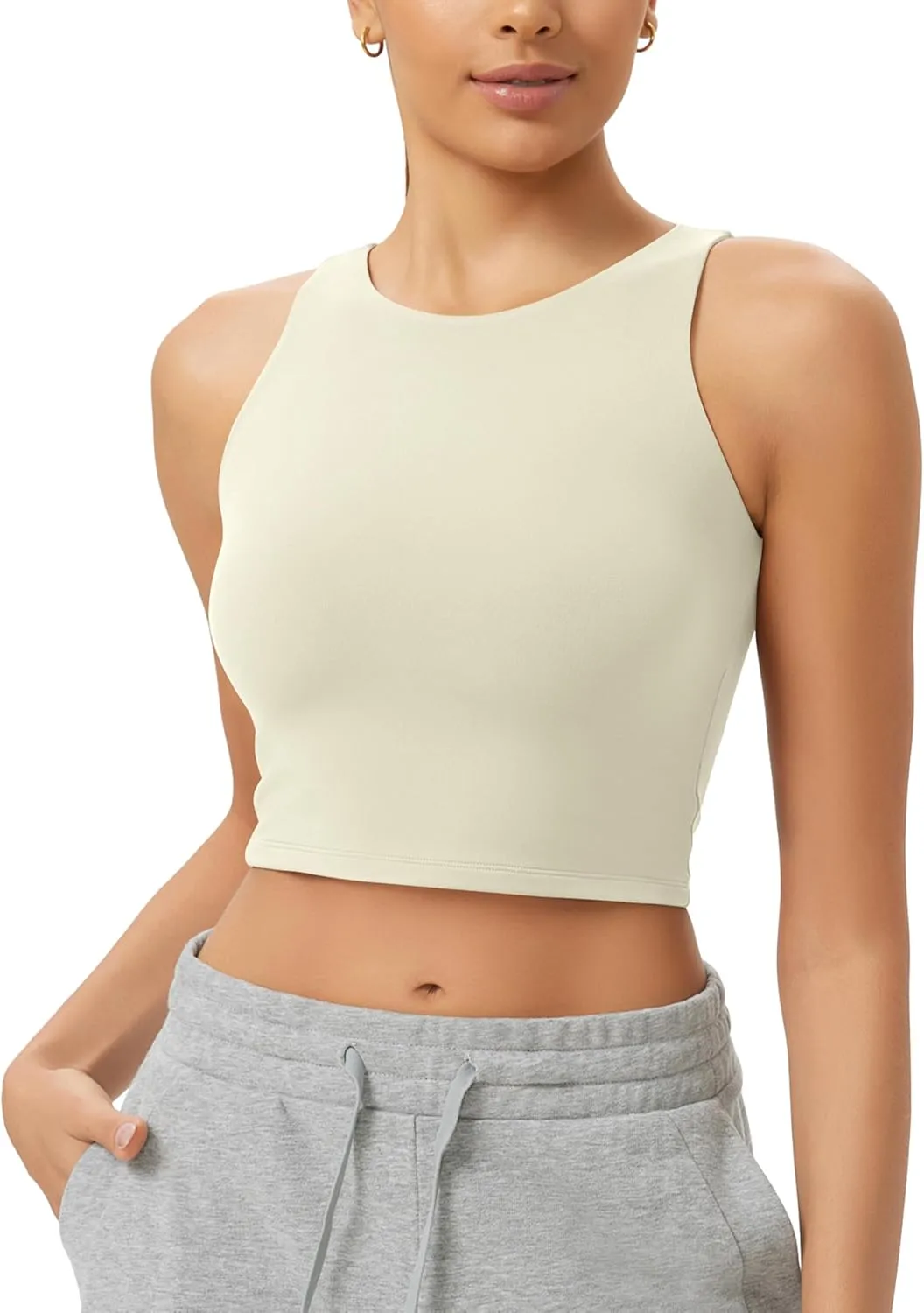 ODODOS Double Layer High Neck Crop Tank for Women Cloud Feeling Sleeveless Casual Yoga Cropped Tops