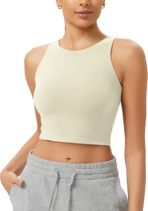 ODODOS Double Layer High Neck Crop Tank for Women Cloud Feeling Sleeveless Casual Yoga Cropped Tops