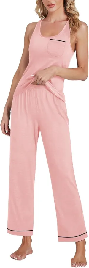 OPOIPIN Women's Pajamas Sets Scoop Neck Sleeveless Tank Tops and Elastic Waist Long Pants Sleepwear Sets with Chest Pocket