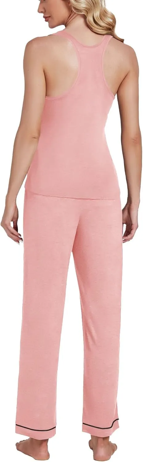 OPOIPIN Women's Pajamas Sets Scoop Neck Sleeveless Tank Tops and Elastic Waist Long Pants Sleepwear Sets with Chest Pocket