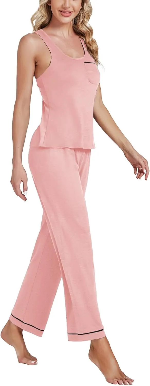 OPOIPIN Women's Pajamas Sets Scoop Neck Sleeveless Tank Tops and Elastic Waist Long Pants Sleepwear Sets with Chest Pocket