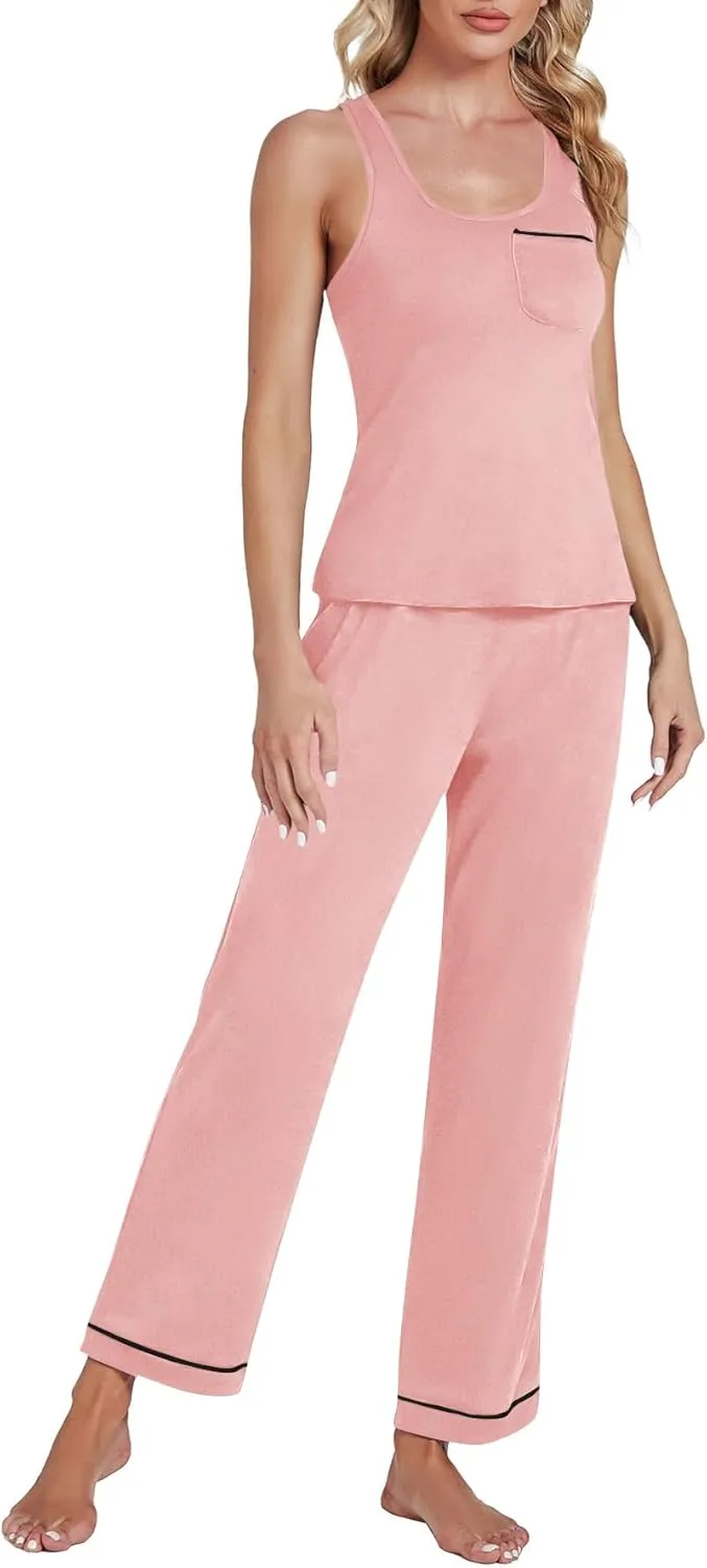 OPOIPIN Women's Pajamas Sets Scoop Neck Sleeveless Tank Tops and Elastic Waist Long Pants Sleepwear Sets with Chest Pocket