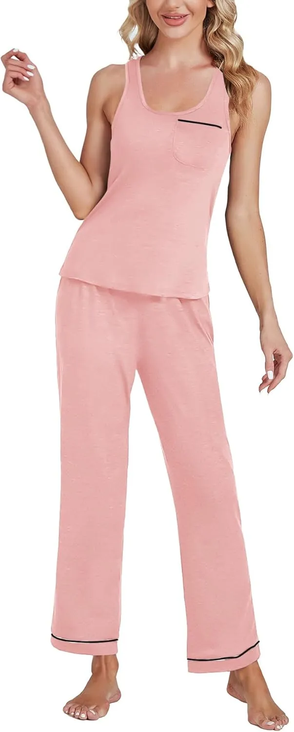 OPOIPIN Women's Pajamas Sets Scoop Neck Sleeveless Tank Tops and Elastic Waist Long Pants Sleepwear Sets with Chest Pocket