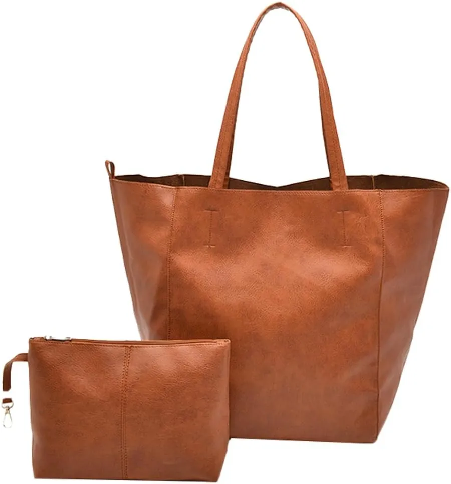 Oversized Work Tote Bag for Women Soft PU Leather Shoulder Satchel Messenger Bag Handbag Travel Purse 2pcs