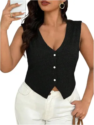 OYOANGLE Women's Plus Size Button Front Rib Knit Vest Tank Top Slit Hem Sleeveless Dressy Tops