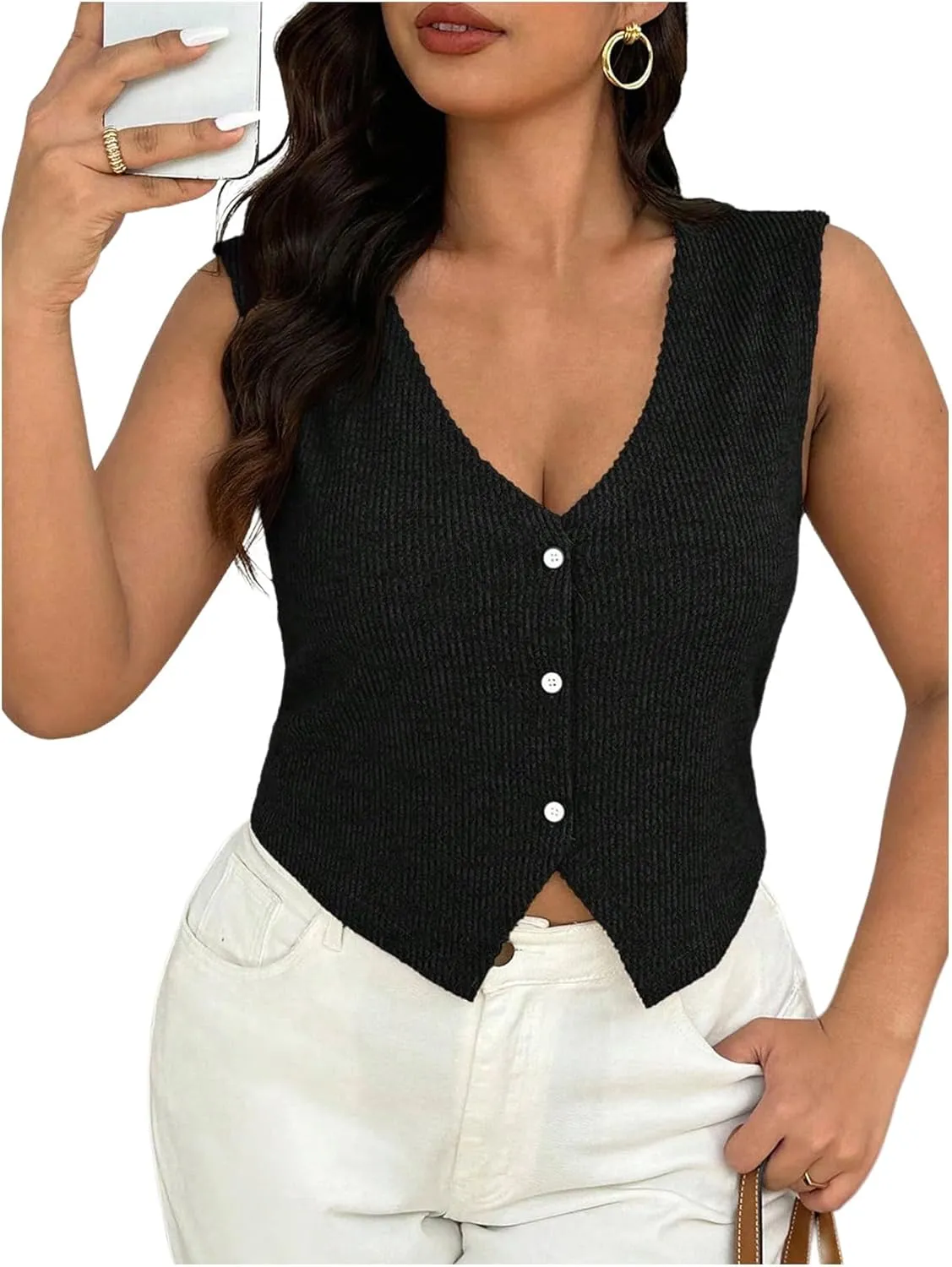 OYOANGLE Women's Plus Size Button Front Rib Knit Vest Tank Top Slit Hem Sleeveless Dressy Tops