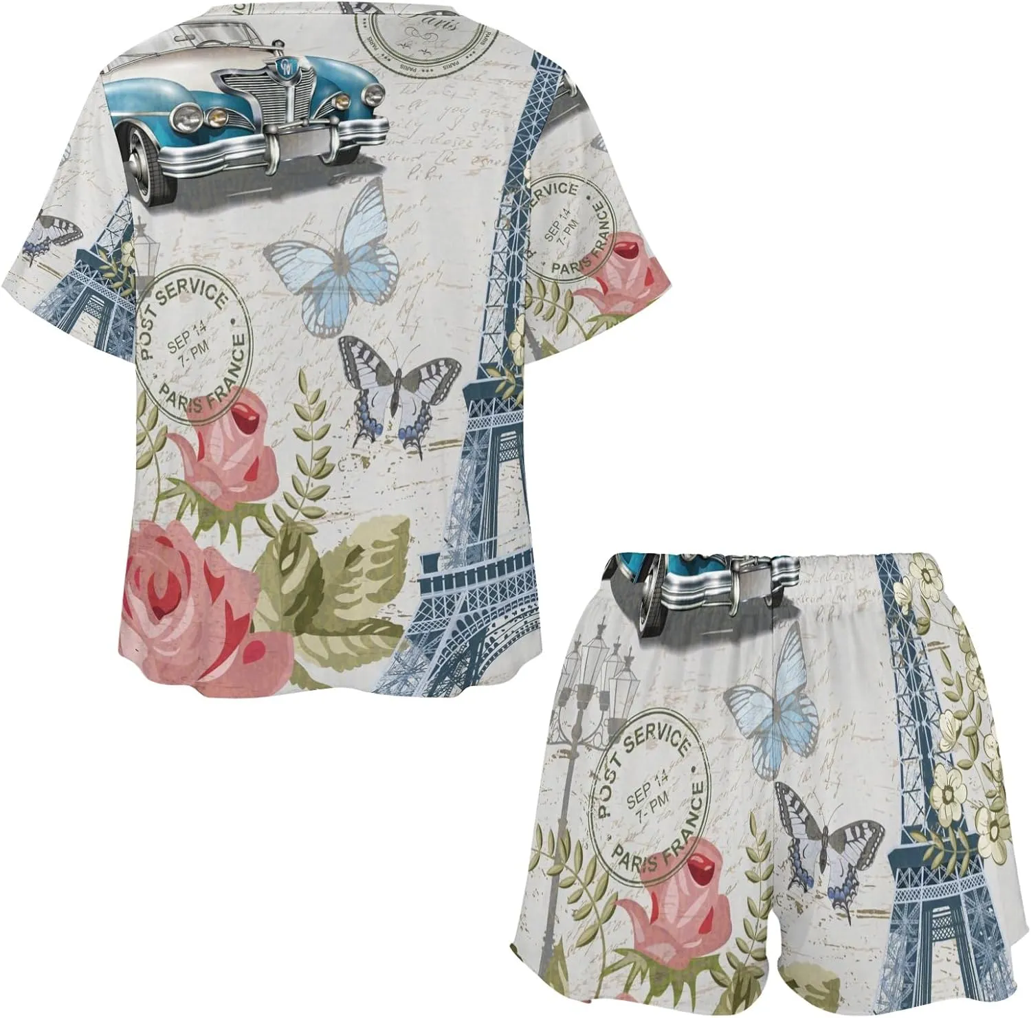 Paris Eiffel Tower Flower Butterfly Pajama Set for Women 2 Piece Sleepwear Loungewear Short Sleeve PJ S