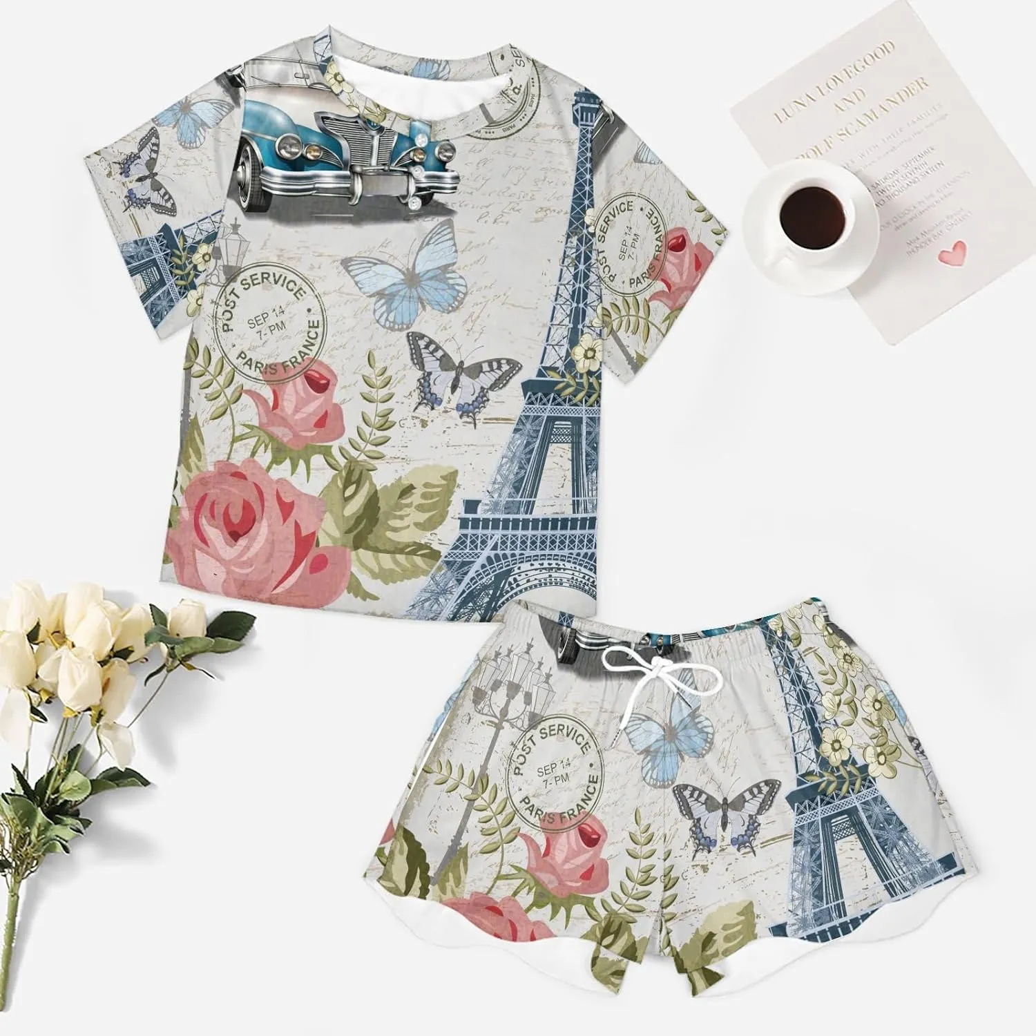 Paris Eiffel Tower Flower Butterfly Pajama Set for Women 2 Piece Sleepwear Loungewear Short Sleeve PJ S