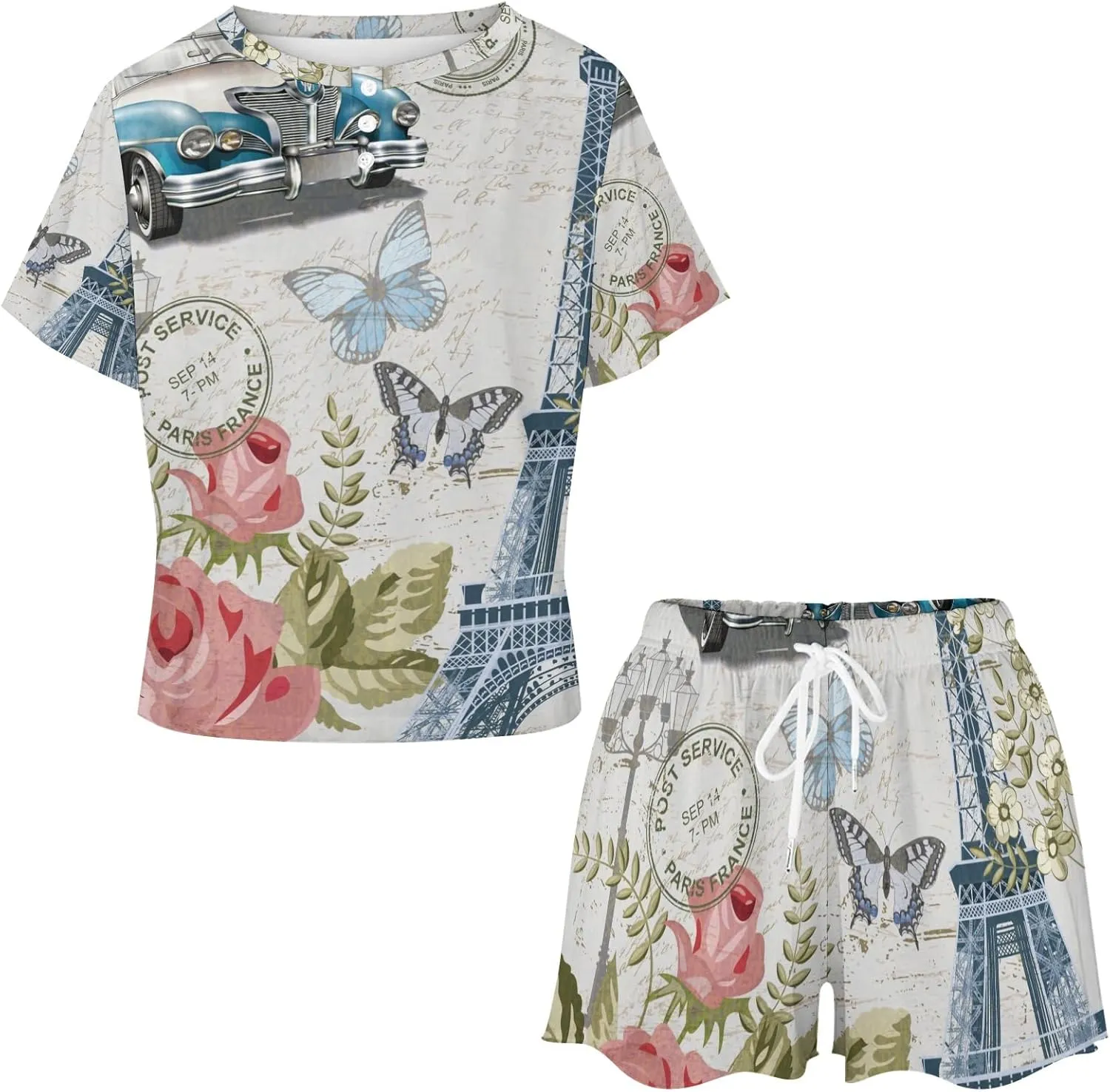 Paris Eiffel Tower Flower Butterfly Pajama Set for Women 2 Piece Sleepwear Loungewear Short Sleeve PJ S