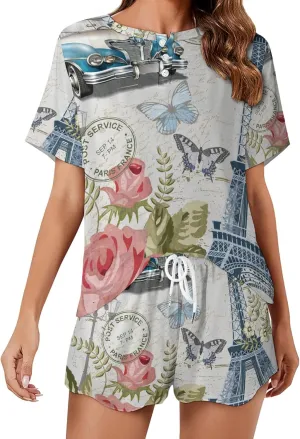 Paris Eiffel Tower Flower Butterfly Pajama Set for Women 2 Piece Sleepwear Loungewear Short Sleeve PJ S