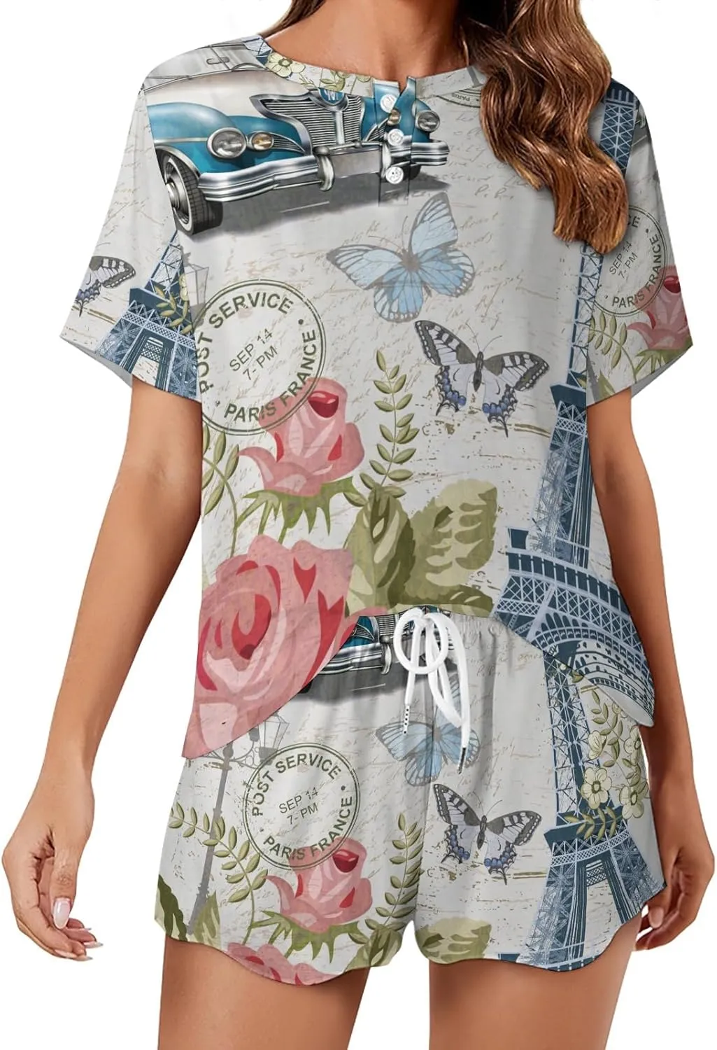 Paris Eiffel Tower Flower Butterfly Pajama Set for Women 2 Piece Sleepwear Loungewear Short Sleeve PJ S