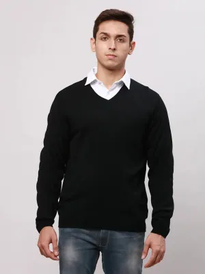 Park Avenue Men Black Regular Fit Solid Acrylic Full Sleeve V Neck Collar Pullovers