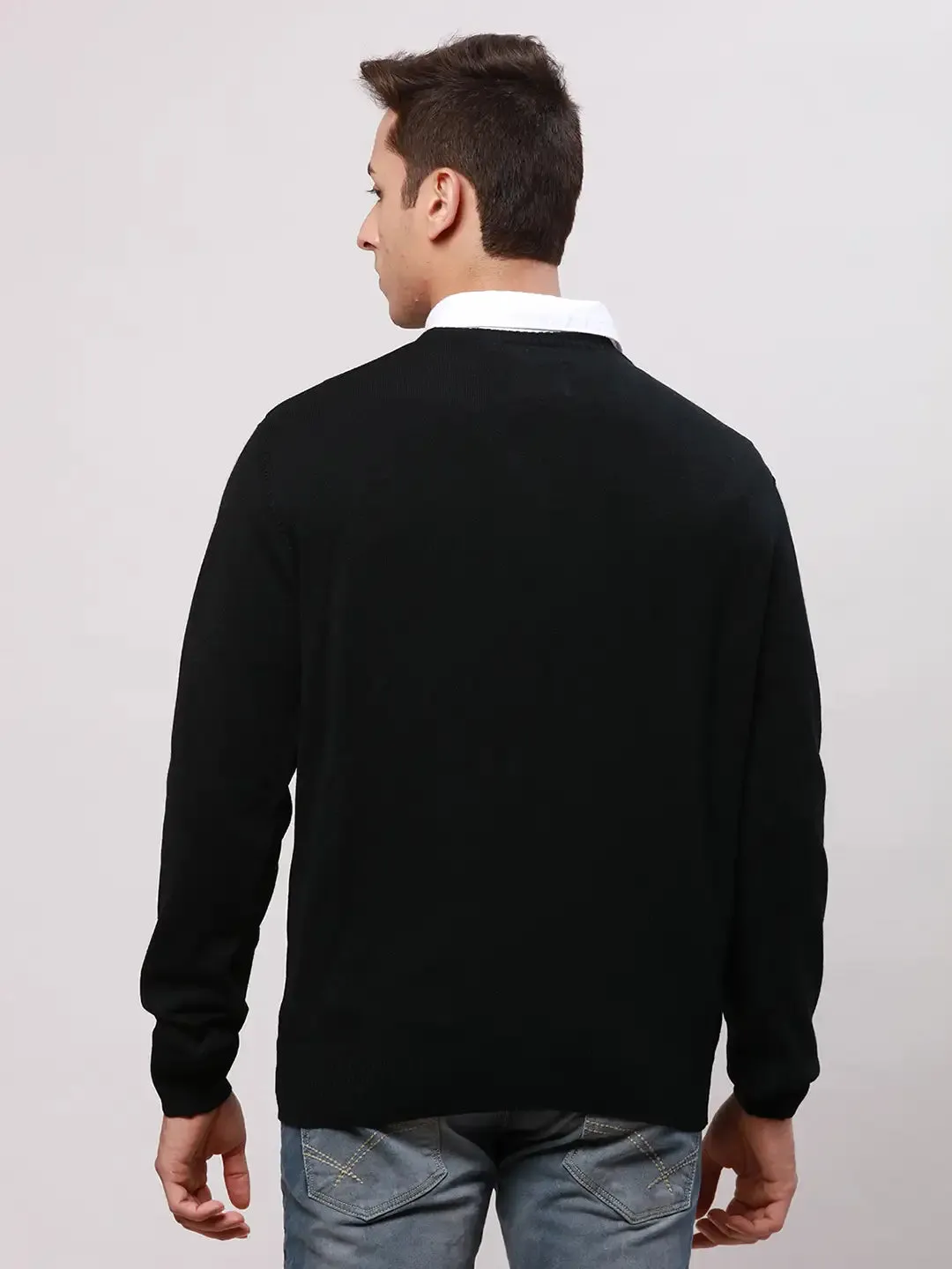Park Avenue Men Black Regular Fit Solid Acrylic Full Sleeve V Neck Collar Pullovers