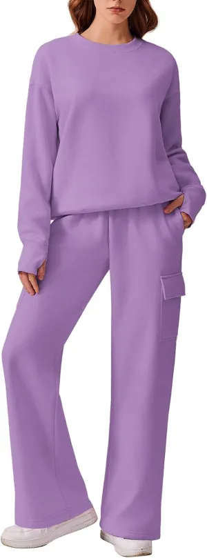 PINSPARK 2 Piece Sets for Women 2025 Fleece Sweatsuits Oversized Sweatshirts Wide Leg Cargo Sweatpants with Pockets Thumbhole