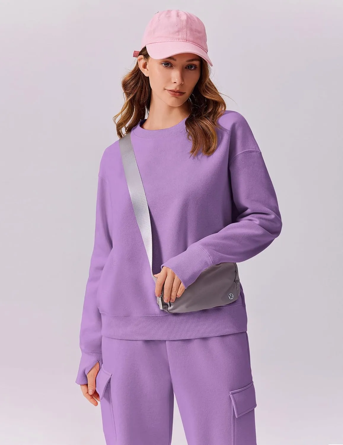 PINSPARK 2 Piece Sets for Women 2025 Fleece Sweatsuits Oversized Sweatshirts Wide Leg Cargo Sweatpants with Pockets Thumbhole