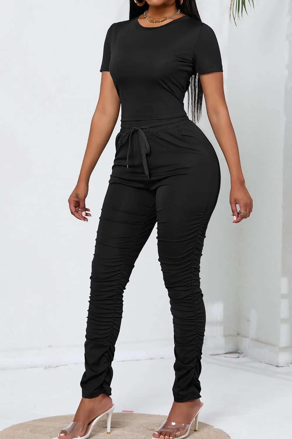 PINSV Women's 2 Piece Outfits Bodycon Lounge Wear Crop Top Stacked Pants Going Out Jogging Tracksuit Sets