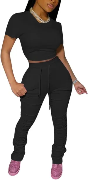 PINSV Women's 2 Piece Outfits Bodycon Lounge Wear Crop Top Stacked Pants Going Out Jogging Tracksuit Sets
