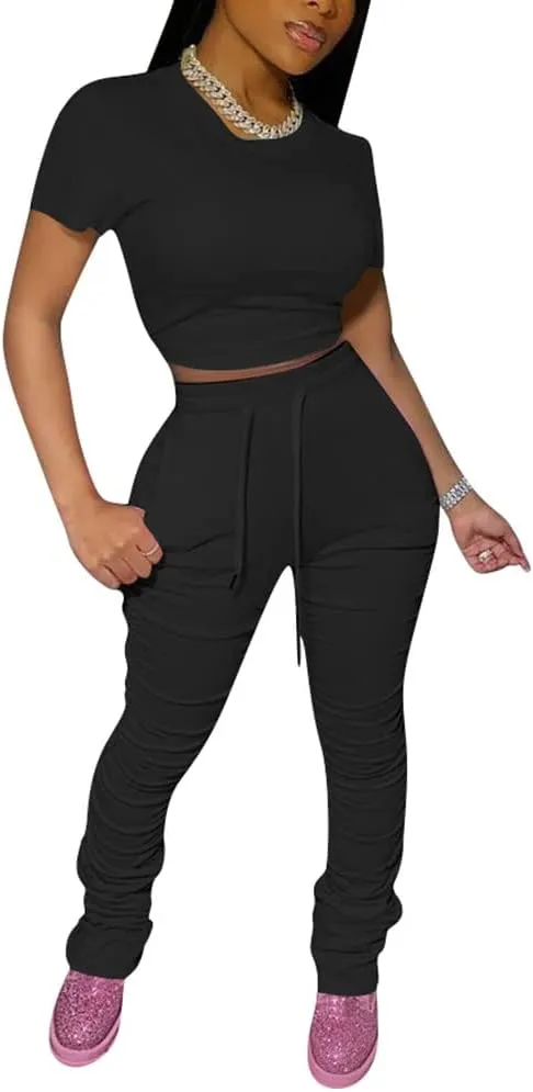 PINSV Women's 2 Piece Outfits Bodycon Lounge Wear Crop Top Stacked Pants Going Out Jogging Tracksuit Sets