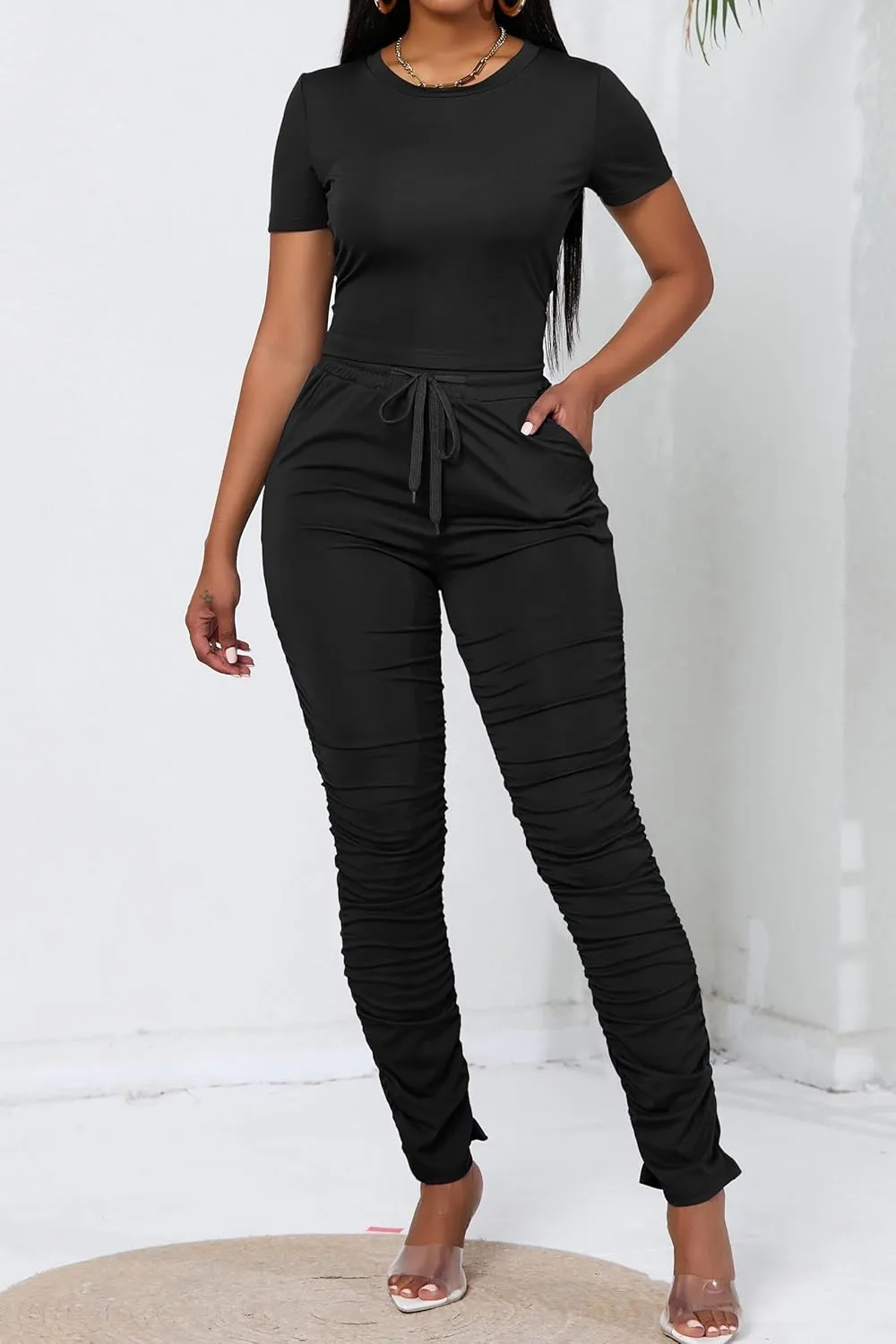 PINSV Women's 2 Piece Outfits Bodycon Lounge Wear Crop Top Stacked Pants Going Out Jogging Tracksuit Sets