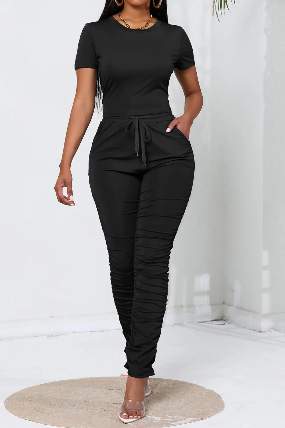PINSV Women's 2 Piece Outfits Bodycon Lounge Wear Crop Top Stacked Pants Going Out Jogging Tracksuit Sets