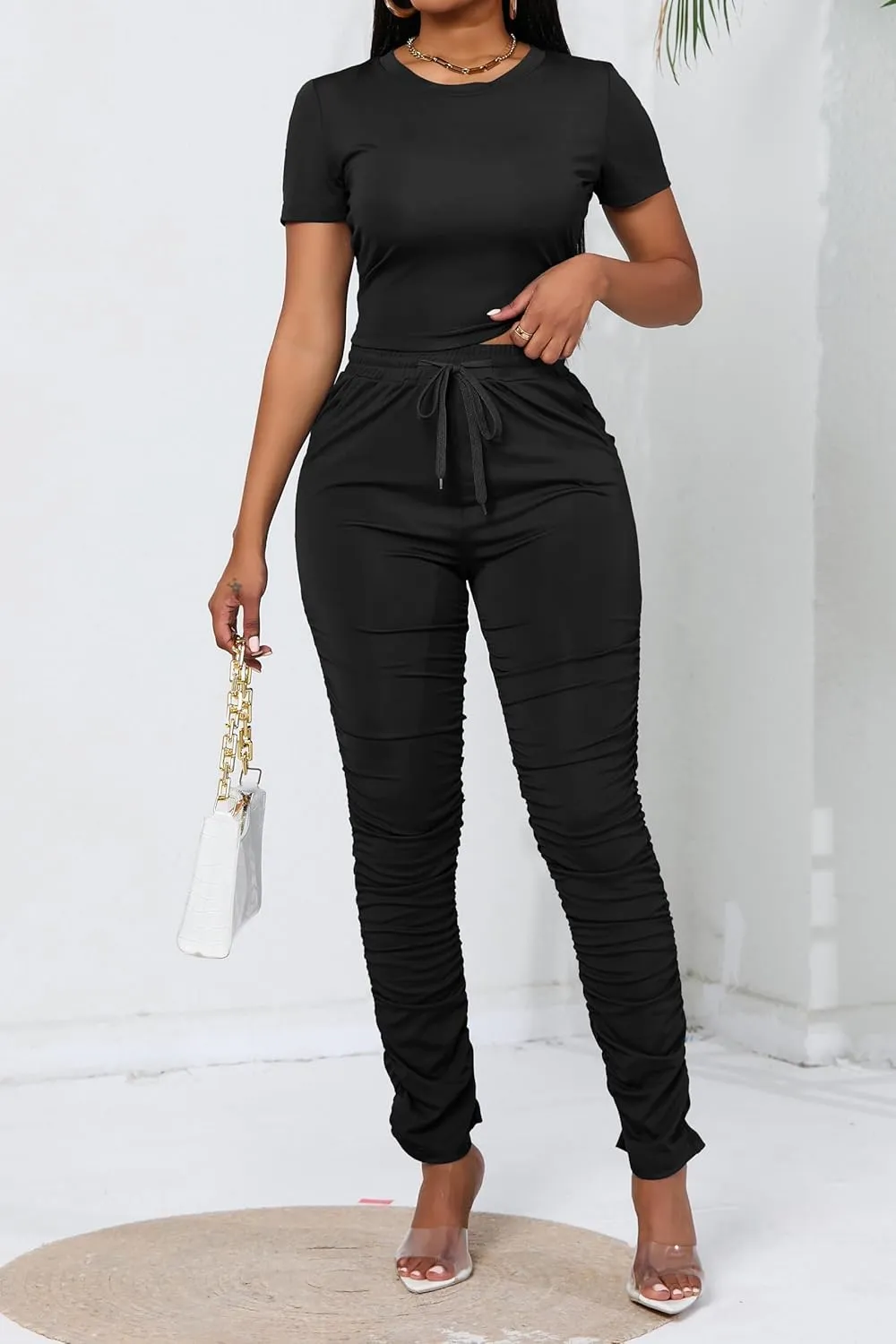 PINSV Women's 2 Piece Outfits Bodycon Lounge Wear Crop Top Stacked Pants Going Out Jogging Tracksuit Sets