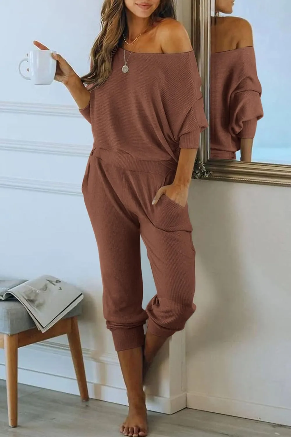 PRETTYGARDEN Women's 2 Piece Ribbed Tracksuit Outfits Off Shoulder Long Sleeve Pullover Lounge Pants with Pockets