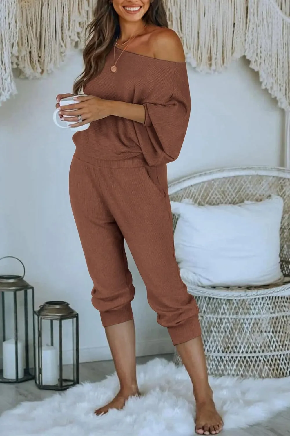 PRETTYGARDEN Women's 2 Piece Ribbed Tracksuit Outfits Off Shoulder Long Sleeve Pullover Lounge Pants with Pockets